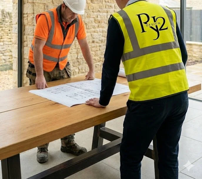 Modern building with wooden exterior facing mountains with dry grassy terrain in the foreground, seen through a large glass window.