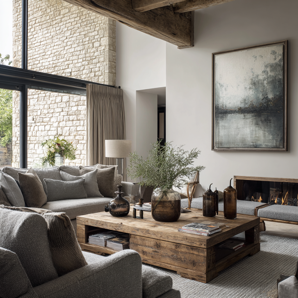 Modern Cotswold living room with large window, beige curtains, gray sofas, wooden coffee table with magazines and decorative bottles, abstract painting, and a fireplace.