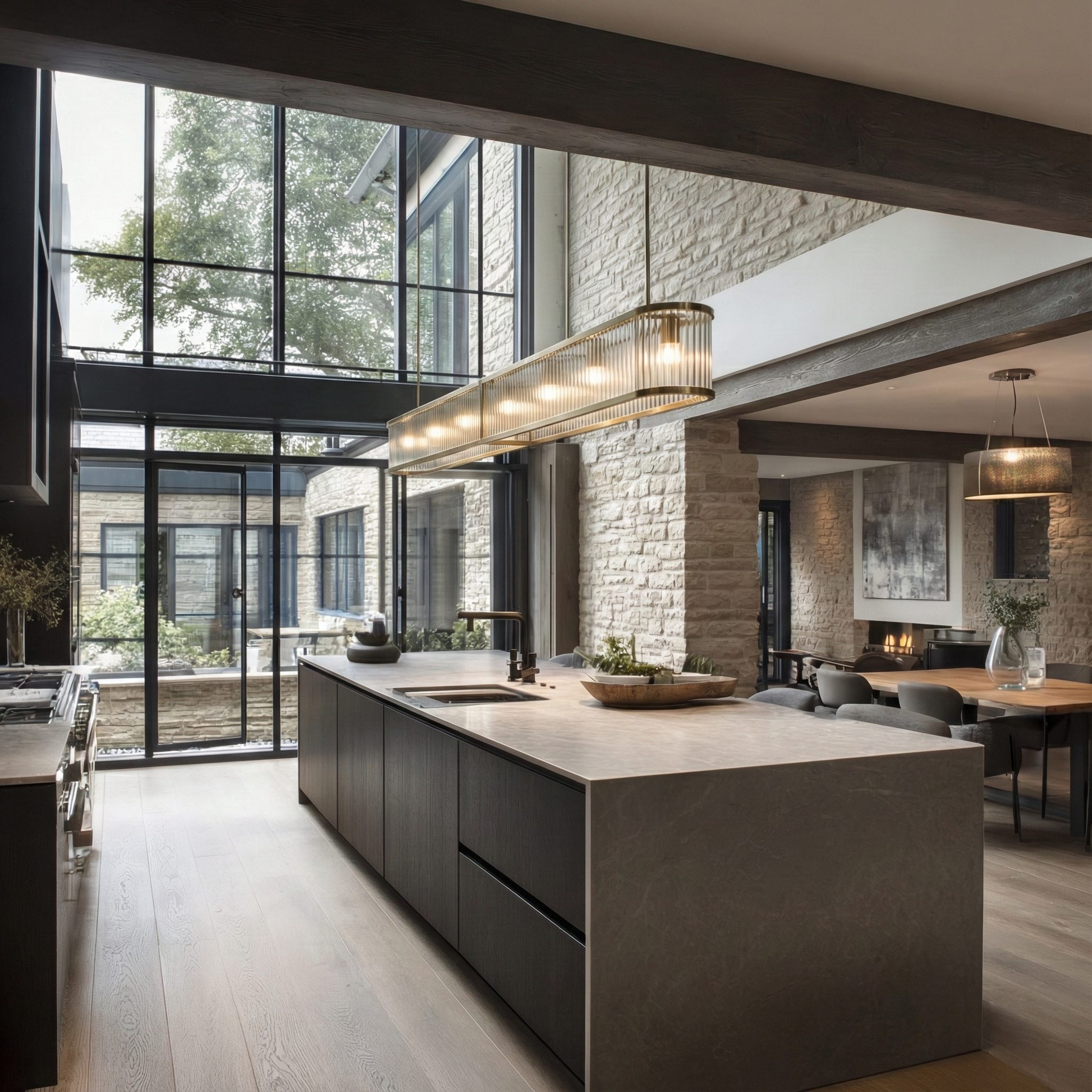 Modern Cotswold kitchen with large island, marble countertop, black cabinetry, and stylish lighting fixtures, open to dining and living area with stone walls and large windows.