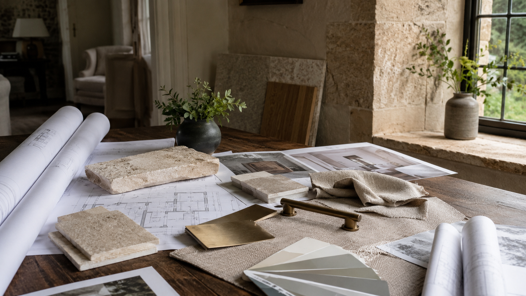 Architectural drawings with interior material samples including natural stone, linen, brass hardware and paint swatches on a table in a Cotswolds property