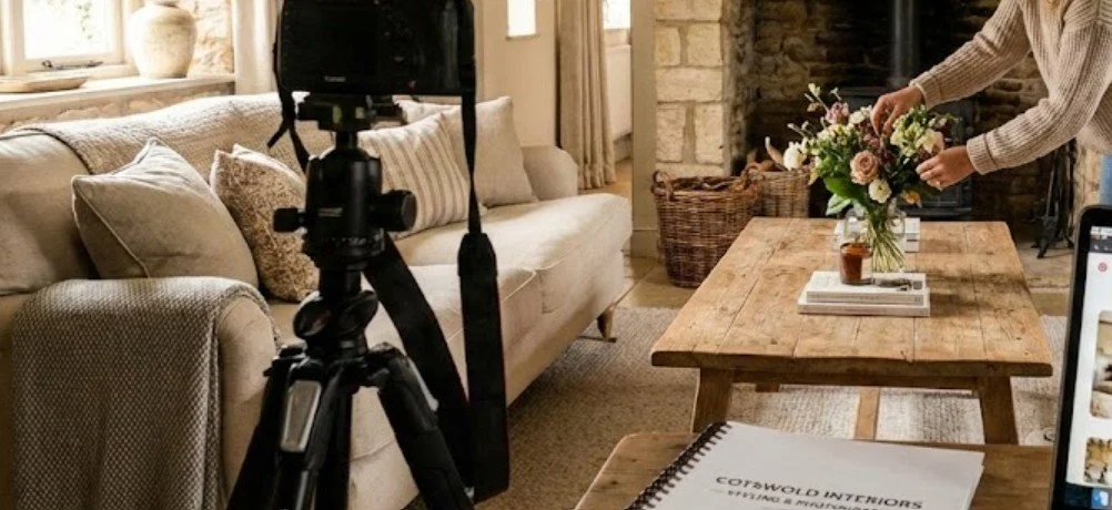 Modern wooden house in a mountainous landscape with stone steps and dry grass in the foreground.