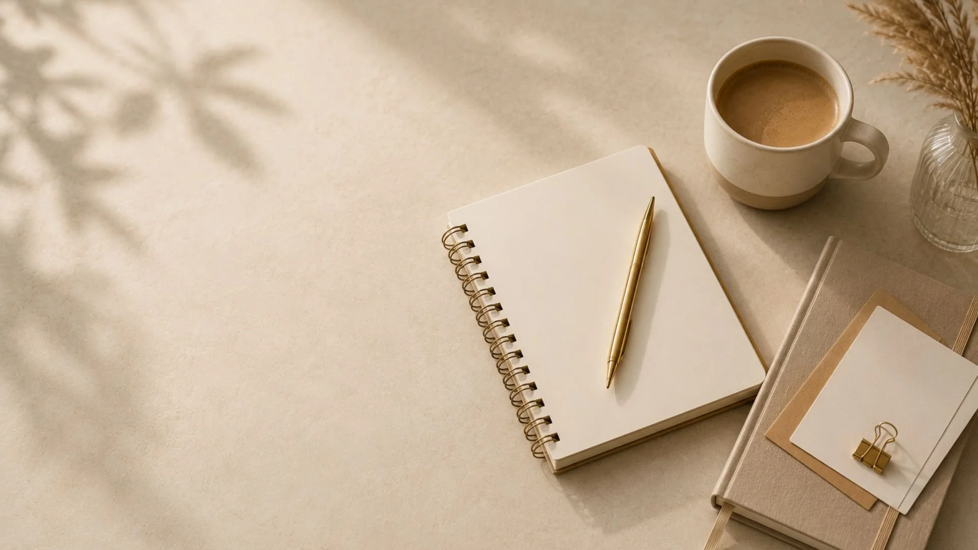 A beige desk with a spiral notepad and a gold pen, a white coffee cup filled with coffee, a small glass vase with dried flowers, and some notebooks or folders, with soft shadow patterns on the surface.