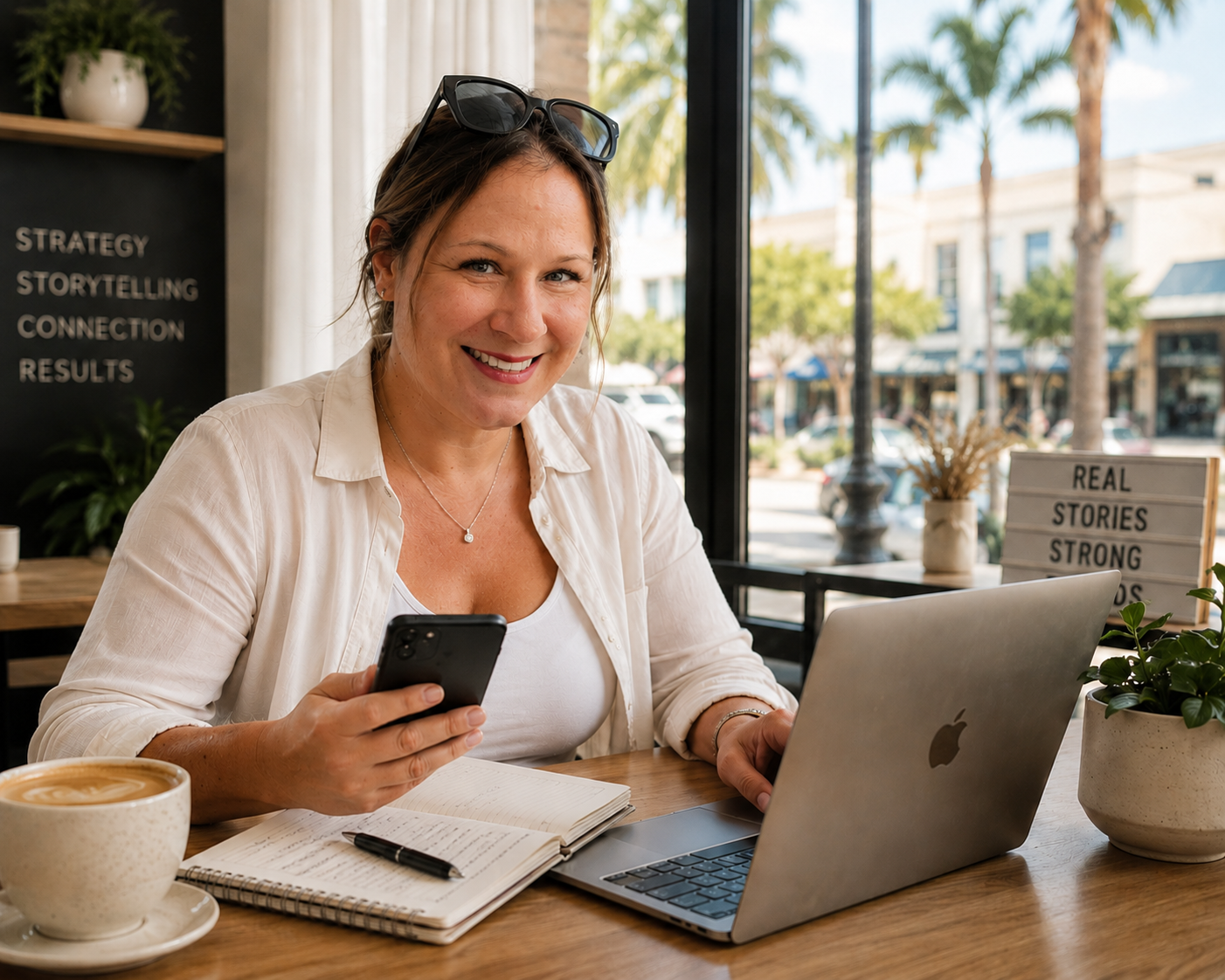 A woman sitting at a wooden table in a cafe, smiling and holding a smartphone, with a laptop, notebook, pen, coffee cup, and potted plant on the table, large windows showing a street with palm trees outside.