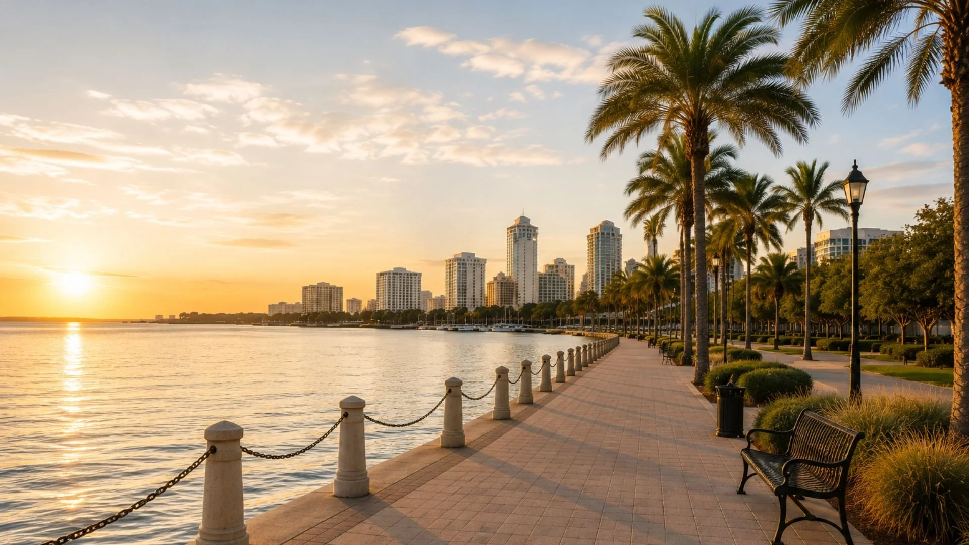 A scenic view of a waterfront promenade with palm trees, benches, and outdoor lamps, overlooking a city skyline with tall buildings at sunset.
