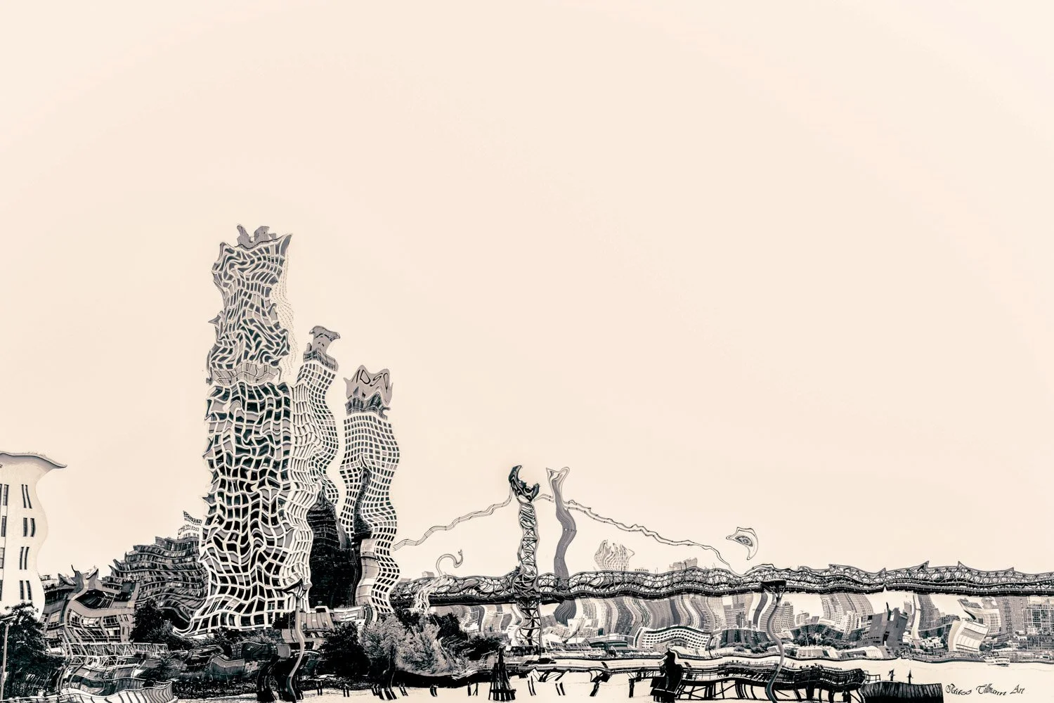 Expressionist photo-etching - Williamsburg Bridge black and white