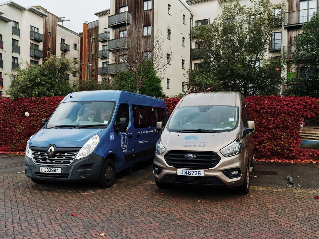 Two parked vans, one blue and one gray, in a parking lot with a background of red overgrown bushes and tall apartment buildings with balconies and windows, some trees, and a pigeon near the gray van.