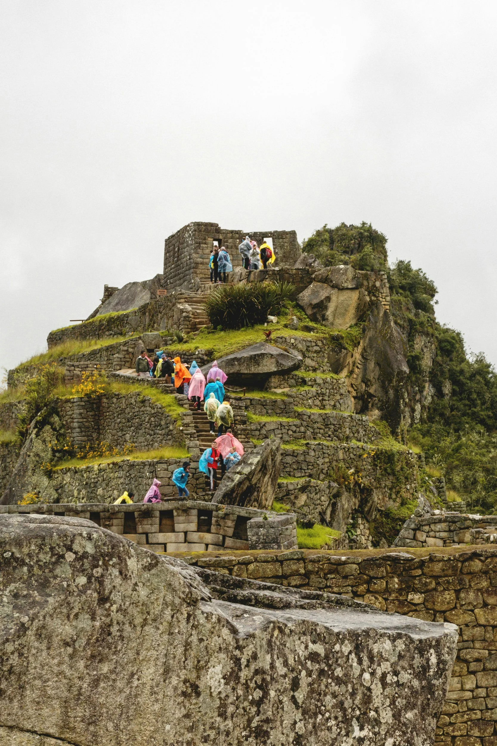 Tourists hiking up the steep stone steps of Machu Picchu, an ancient Incan citadel in Peru, with cloudy sky above.