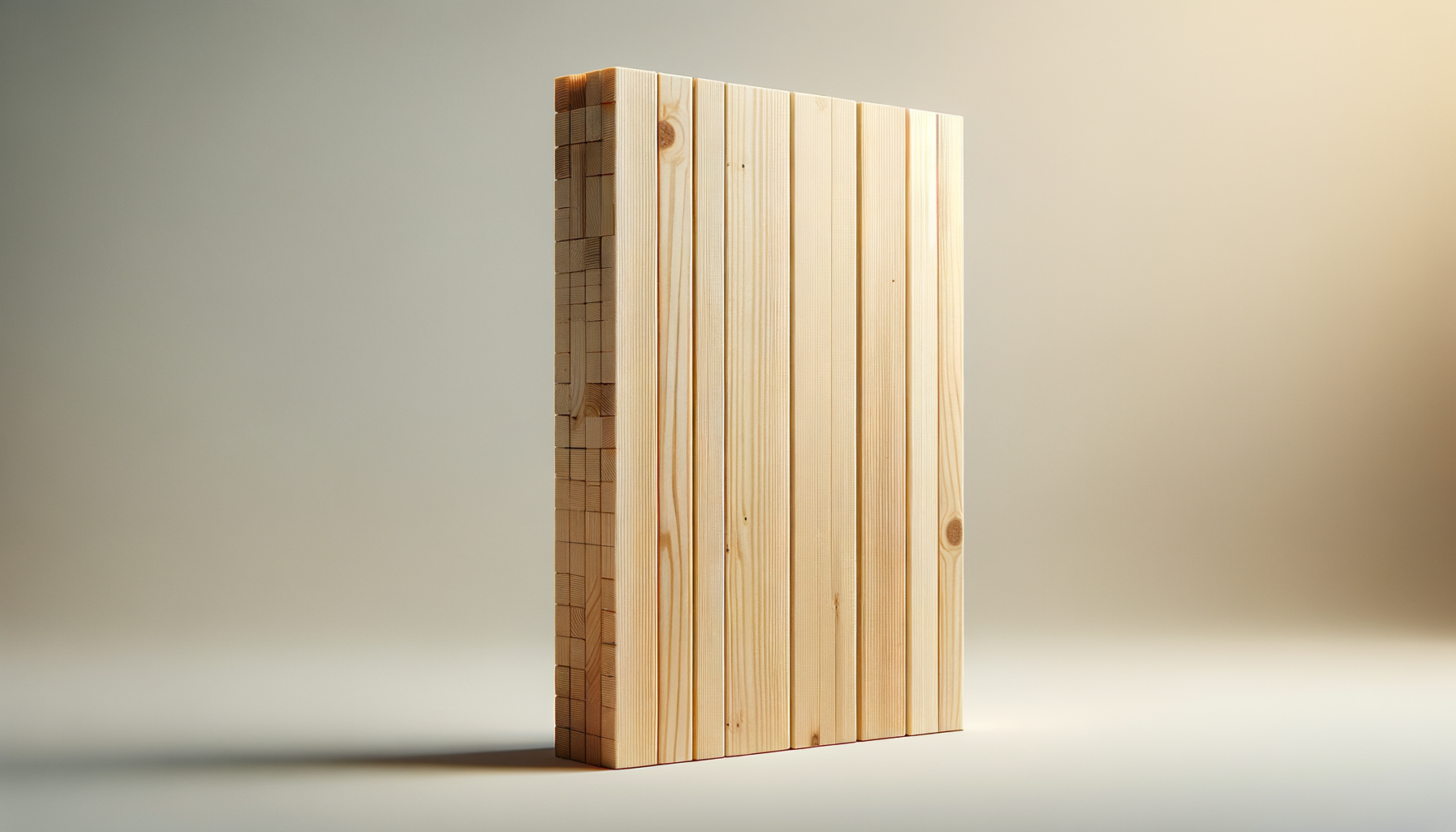 Stack of wooden planks standing on a neutral surface with a plain background.