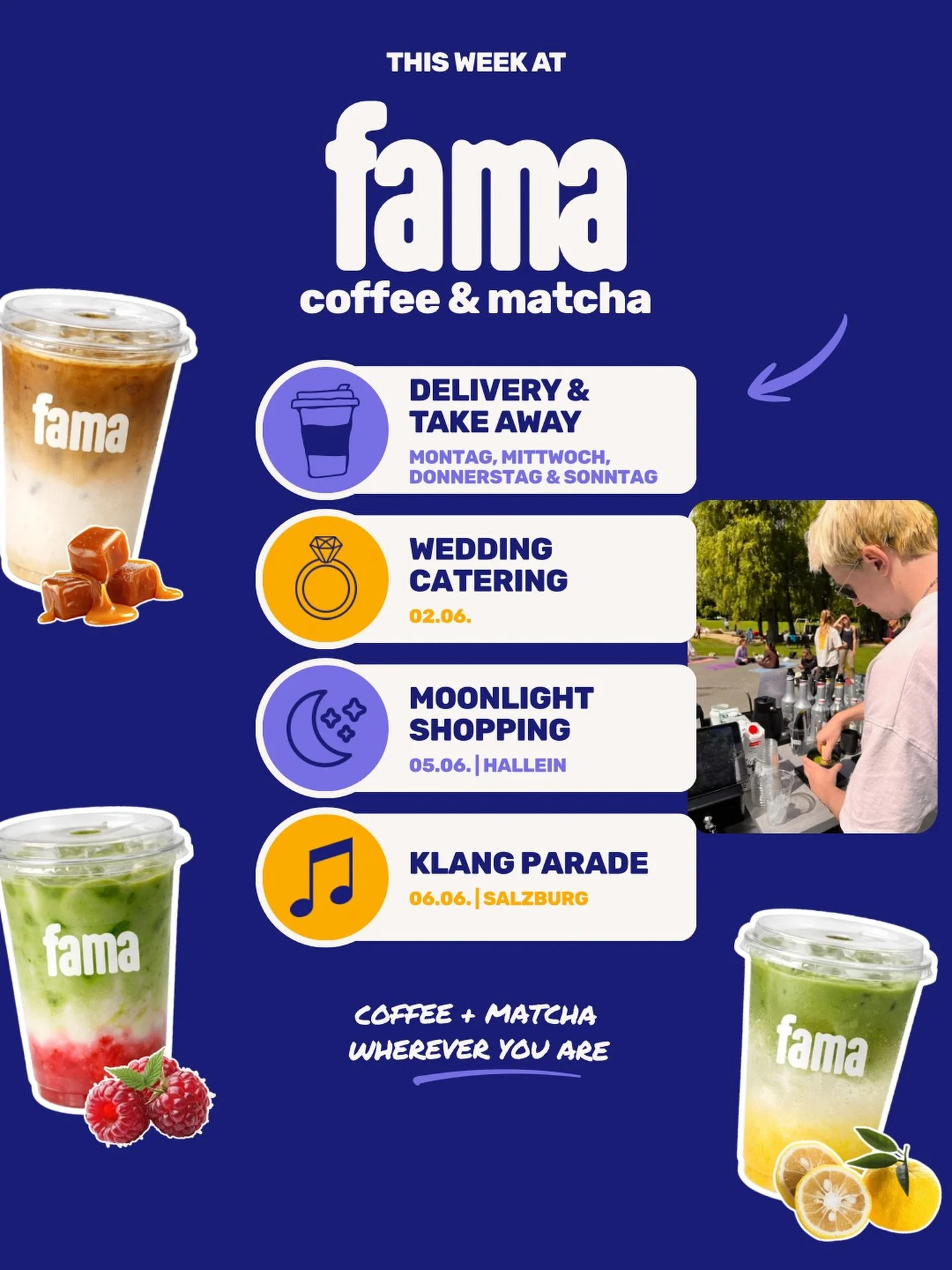 This week at fama 💙☕🍵
Diese Woche sind wir wieder unterwegs &ndash; mit Wedding Catering, Moonlight Shopping in Hallein und der Klang Parade in Salzburg.

Und wenn gerade kein Event ansteht, sind wir wie gewohnt f&uuml;r Delivery &amp; Take-away da