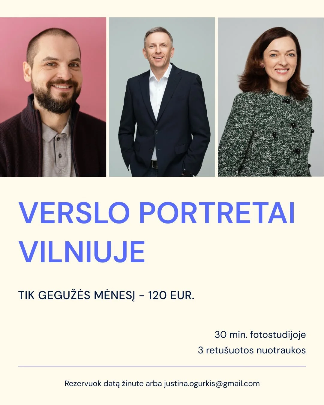 VERSLO PORTRETAI VILNIUJE 📸
Kai reikia tik keletos profesionaliai atrodančių nuotraukų darbui, o gal tiesiog norisi atsinaujinti profilio nuotrauką.

Fotografavimas vyks labai greitai, neįpareigojančiai ir &scaron;iltai - pusvalandžiui susitiksime s
