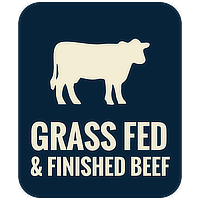 Grass fed and finished beef emblem with cow icon.