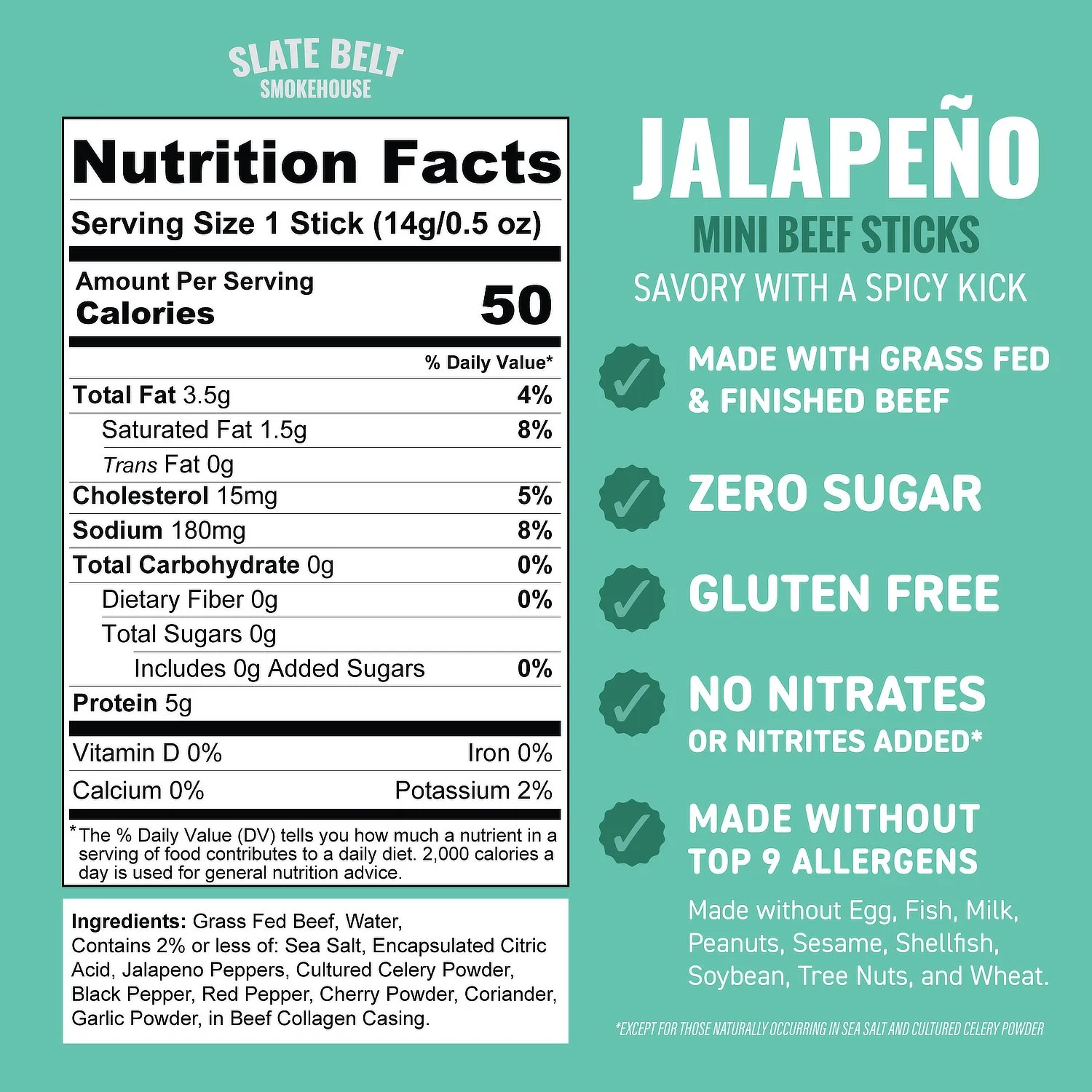 Slate Belt Smokehouse Mini Jalapeño Beef Sticks nutrition infographic showing grass fed and finished beef, zero sugar, gluten free, and made without top 9 allergens.