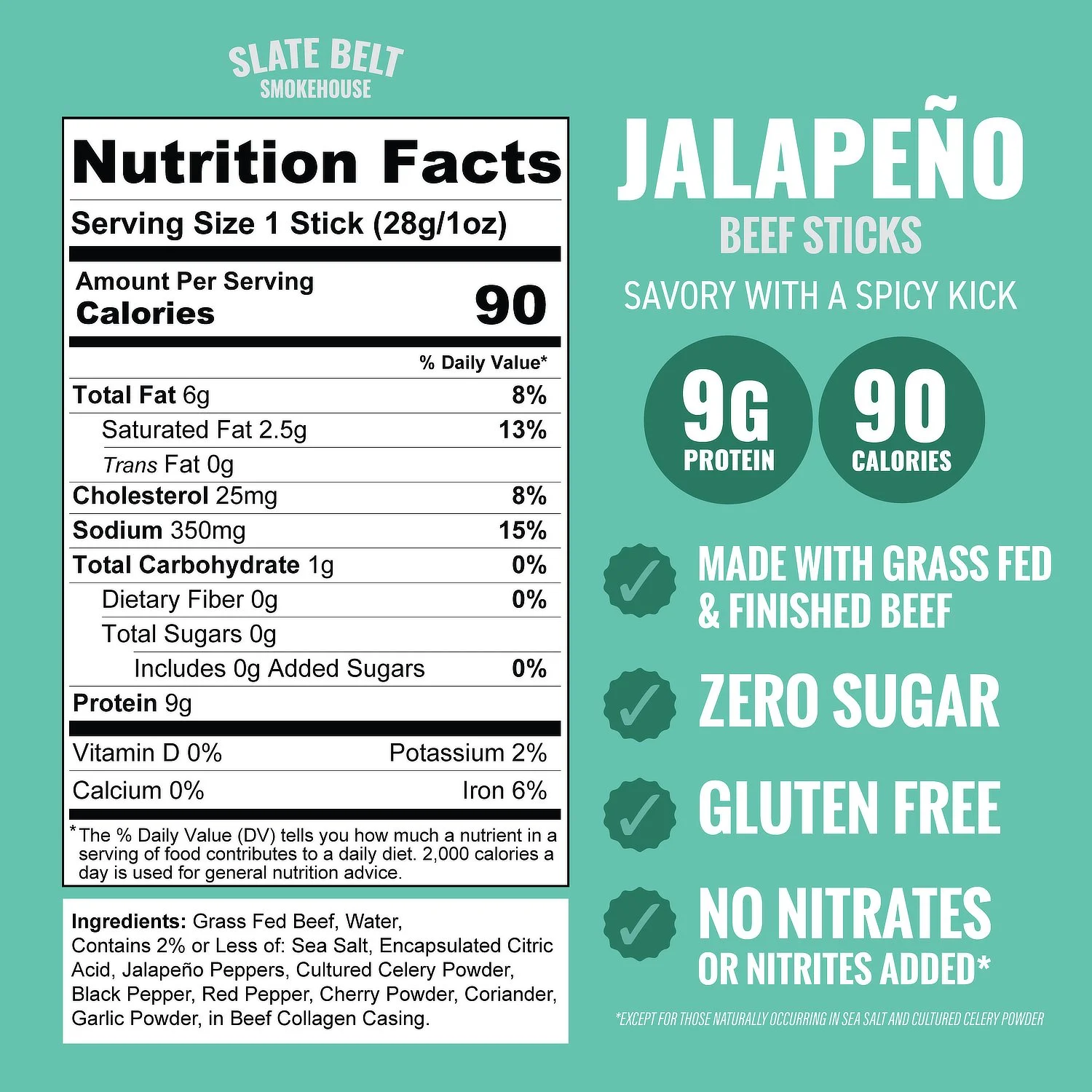 Nutrition facts and ingredients for Slate Belt Smokehouse Jalapeño Grass-Fed Zero Sugar Beef Sticks with 9g protein and 90 calories per stick.