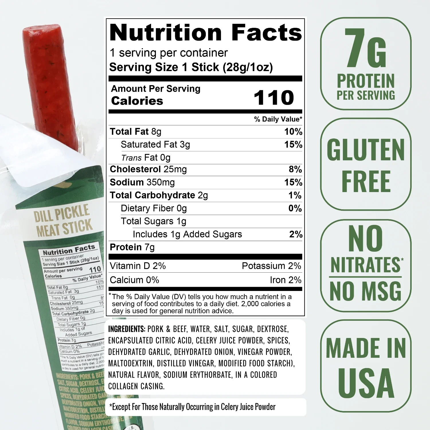 Image showing the nutrition facts, ingredient list, and feature badges for the Slate Belt Smokehouse Dill Pickle Meat Stick.