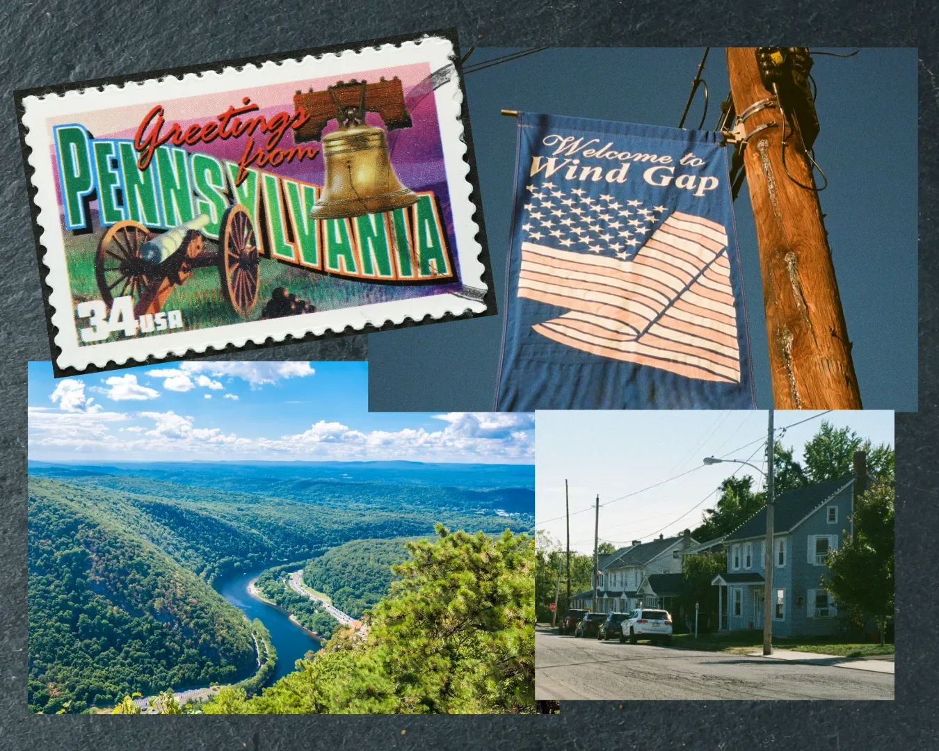 A collage of four images: a Pennsylvania postage stamp with the words 'Greetings from Pennsylvania' and a bell; a flag that reads 'Welcome to Wind Gap' with an American flag design; a scenic view of a river winding through a green valley with hills and a partly cloudy sky; and a street scene with houses, parked cars, and utility poles.