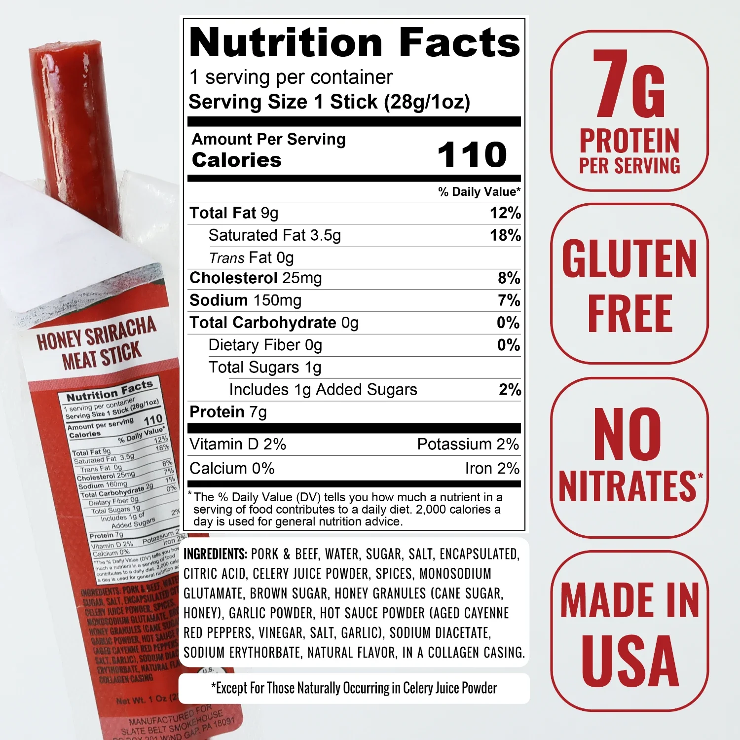 Image showing the nutrition facts, ingredient list, and feature badges for the Slate Belt Smokehouse Honey Sriracha Meat Stick.