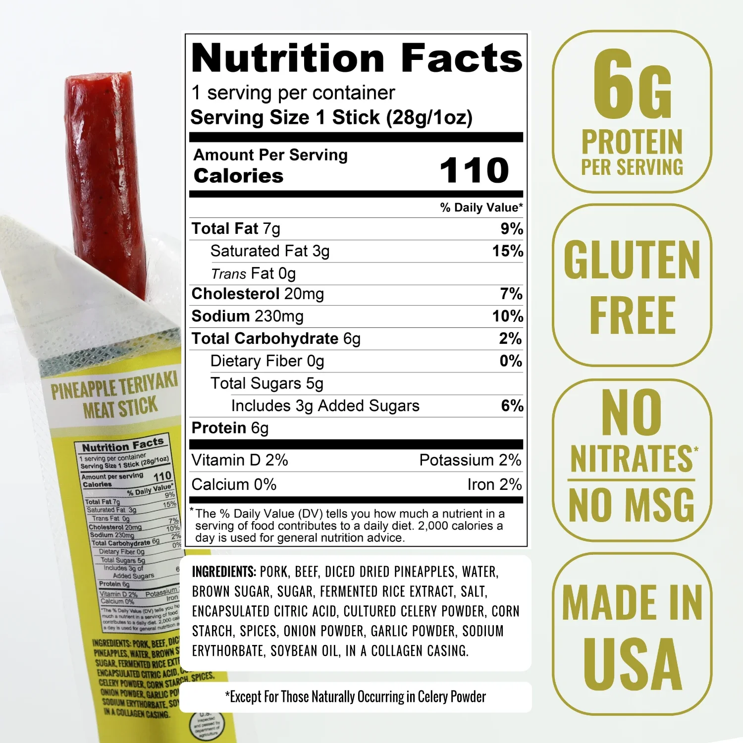 Pineapple teriyaki meat stick nutrition facts with 6g protein gluten free no nitrates made in USA