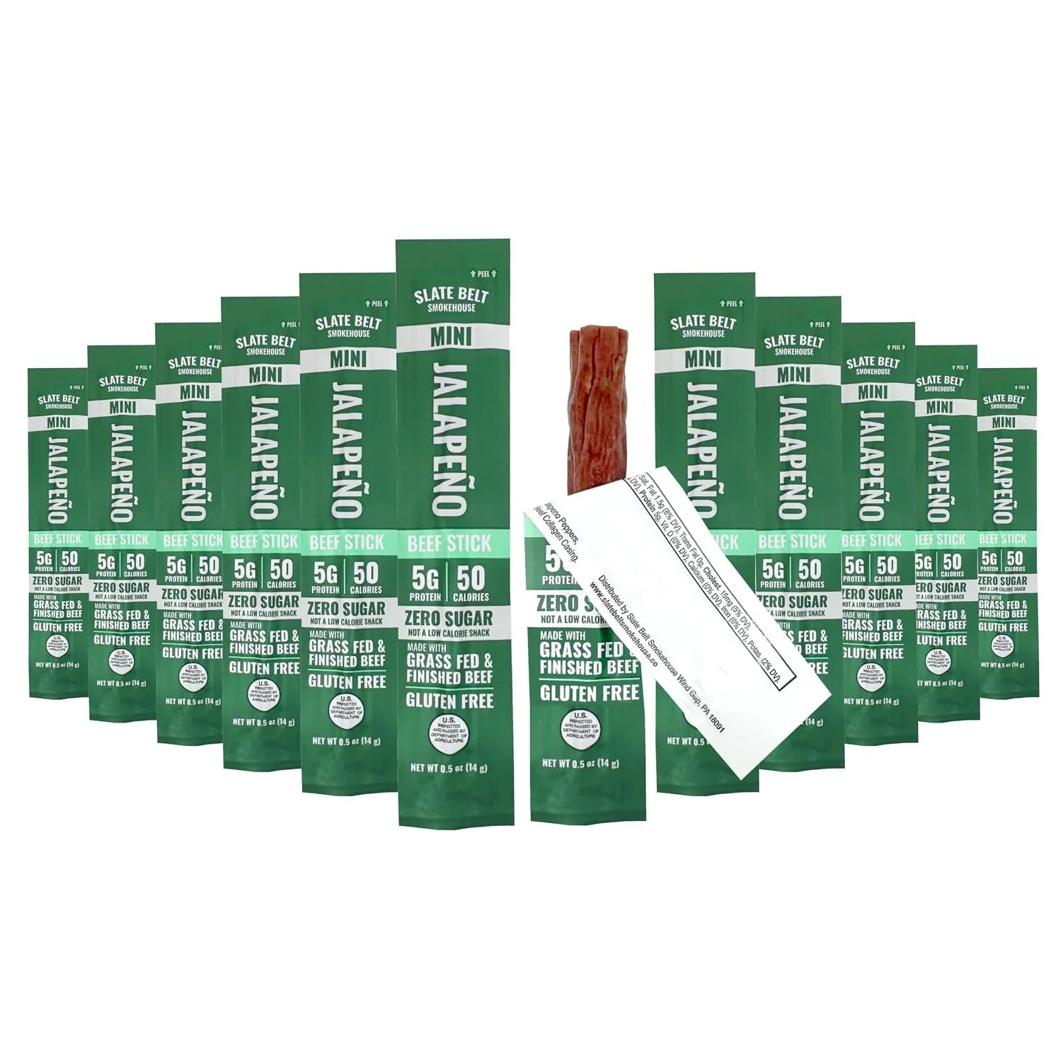 Slate Belt Smokehouse Mini Jalapeño Grass-Fed Zero Sugar Beef Sticks pack with individually wrapped 0.5 oz sticks and one opened beef stick on a white background.