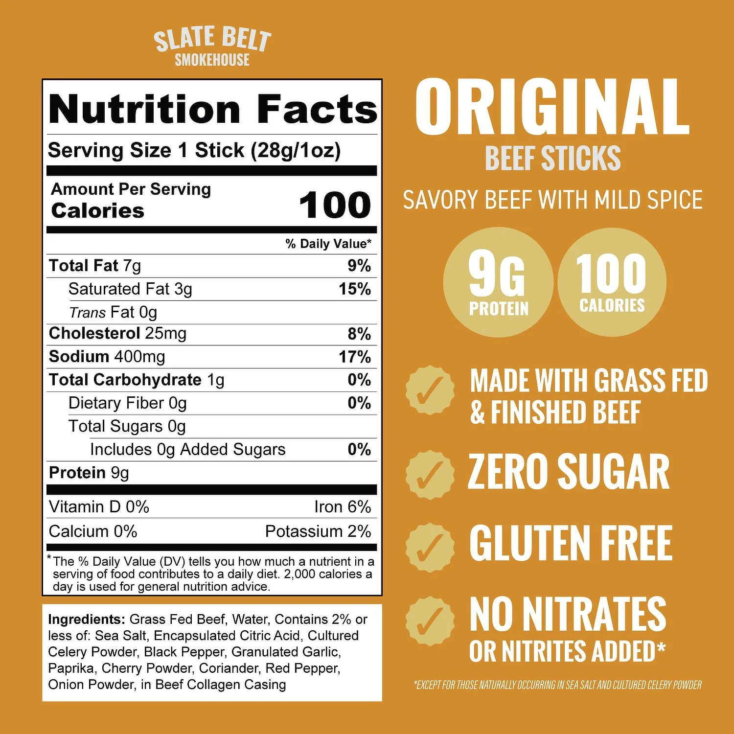 Nutrition facts and ingredients for Slate Belt Smokehouse Original Grass-Fed Zero Sugar Beef Sticks with 9g protein and 100 calories per stick.