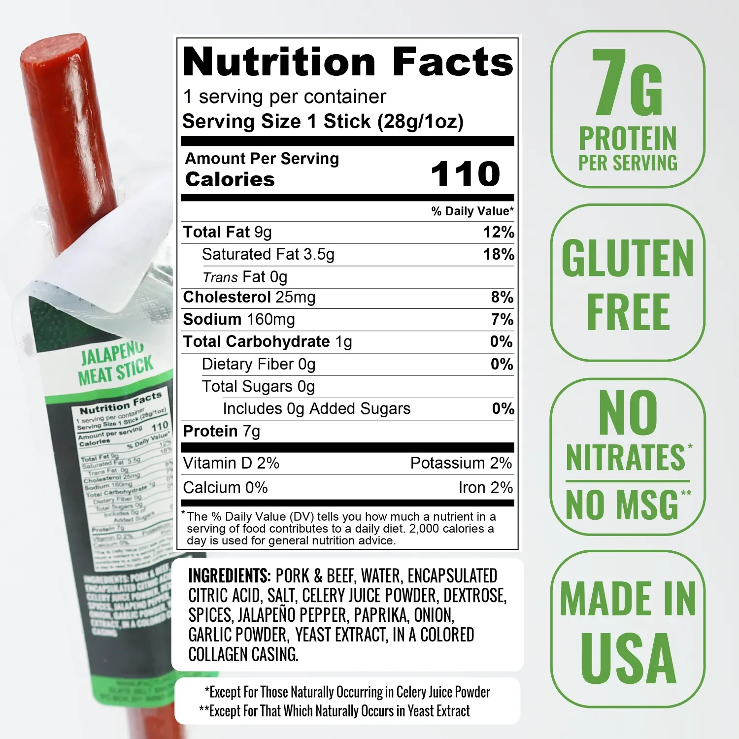 Image showing the nutrition facts, ingredient list, and feature badges for the Slate Belt Smokehouse Jalapeño Meat Stick.