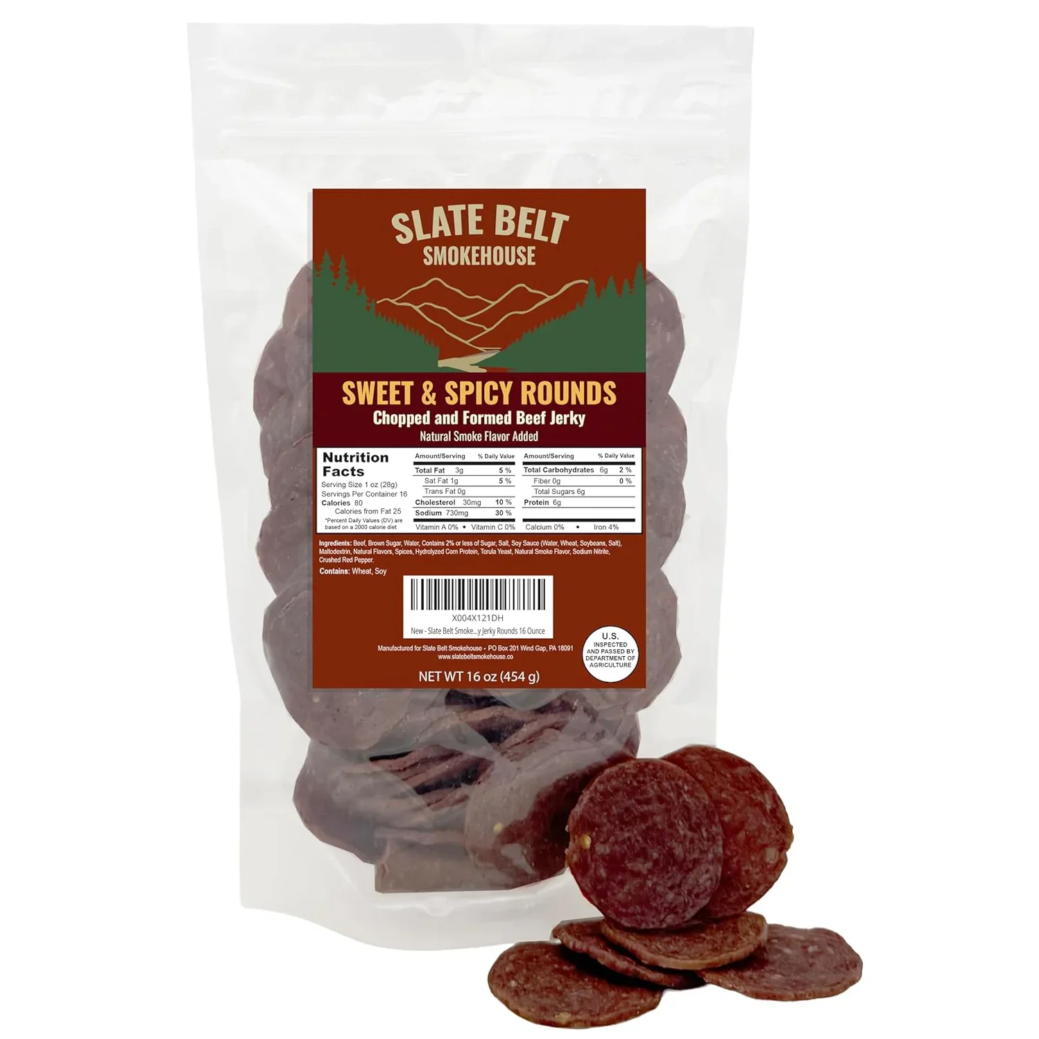 16-ounce bag of Slate Belt Smokehouse Sweet & Spicy Rounds beef jerky with the front label, nutrition facts, and several jerky rounds displayed in front of the bag.