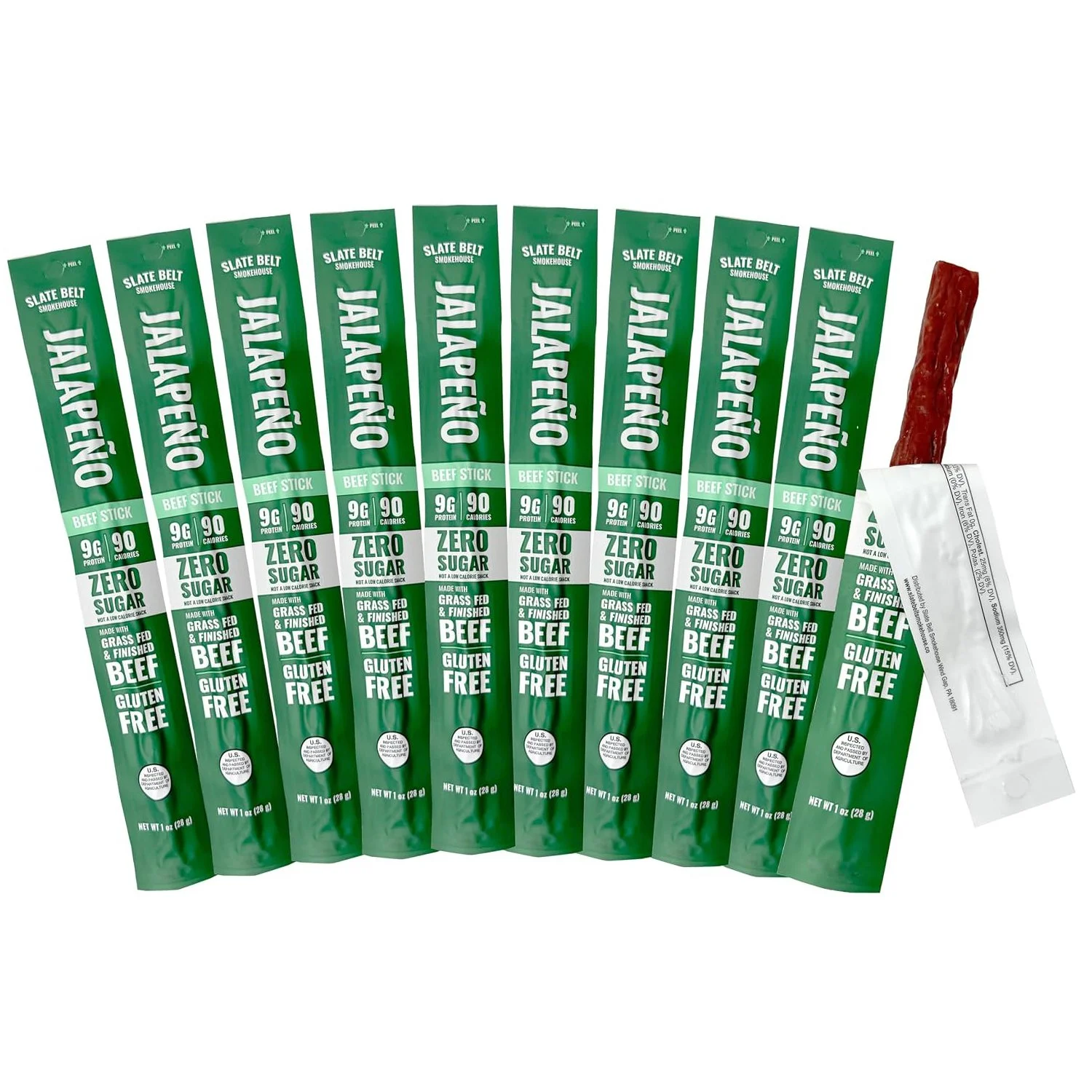 Slate Belt Smokehouse Jalapeño Grass-Fed Zero Sugar Beef Sticks pack with individually wrapped sticks and one opened beef stick on a white background.