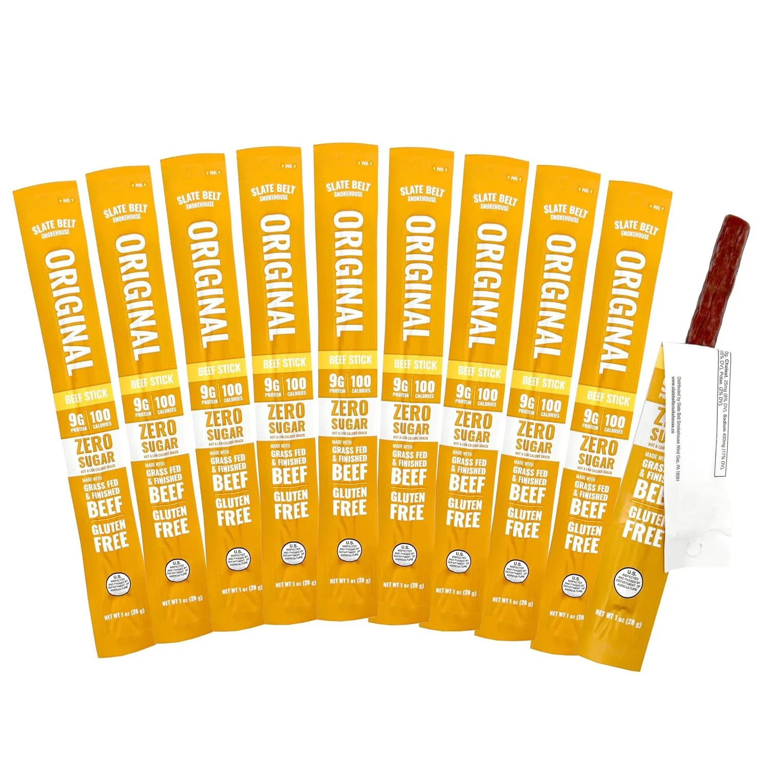 Slate Belt Smokehouse Original Grass-Fed Zero Sugar Beef Sticks pack with individually wrapped beef sticks and one opened stick on a white background.