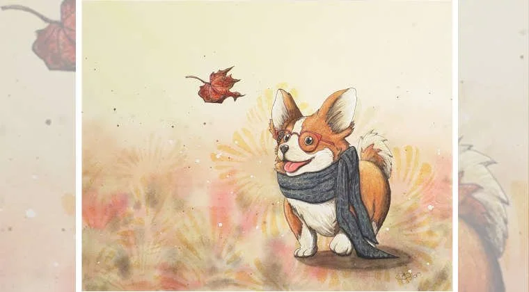 Un dessin d'un chien corgi portant des lunettes, une écharpe grise, avec une feuille d'automne qui tombe et un fond aux couleurs automnales.