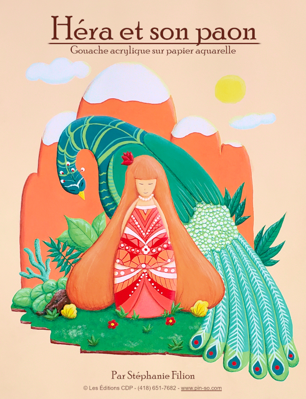 Couverture d'un livre illustré intitulé 'Héra et son paon', montrant une déesse aux longs cheveux roussis assise en position de méditation, entourée d'un paon coloré avec un fond de montagnes et de soleil.