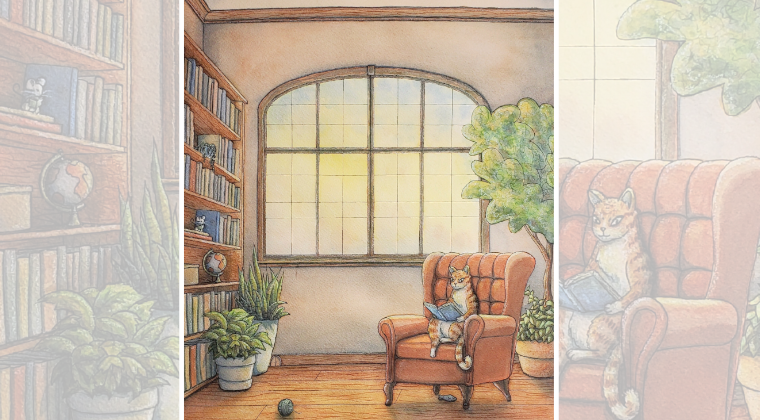 Chat assis dans un fauteuil en train de lire un livre dans une bibliothèque lumineuse