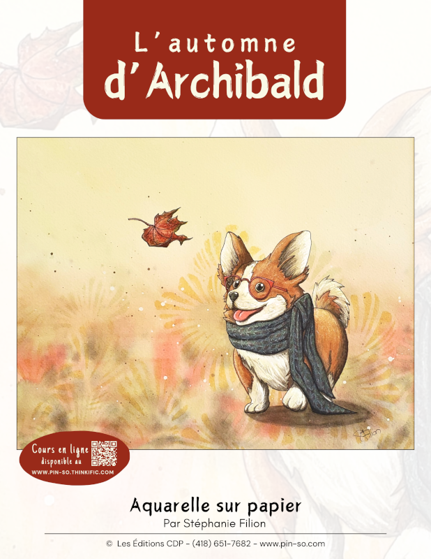 Une illustration d'un chien fox terrier portant une écharpe et des lunettes, sautant sous une feuille d'automne, avec un fond coloré évoquant l'automne, pour un cours d'aquarelle sur papier.