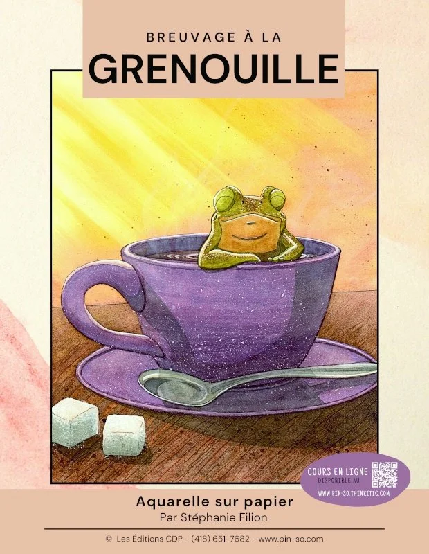 Une affiche illustrée d'une grenouille dans une tasse de café ou thé violette, avec deux morceaux de sucre devant, et une cuillère à côté. L'image est peinte à l'aquarelle sur papier.