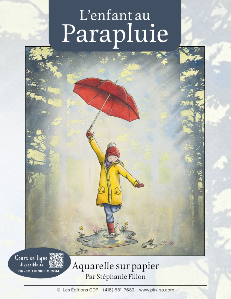 Une enfant en manteau jaune, bonnet rouge, et bottes rouges, marche dans une flaque en tenant un parapluie rouge dans une forêt sous la pluie.
