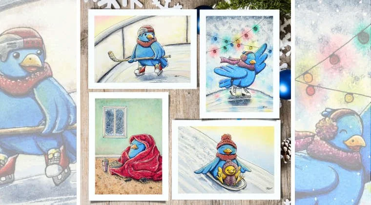 Une collection de photos illustrant un pingouin bleu dans diverses situations d'hiver et de fête, portant des vêtements et accessoires chauds.