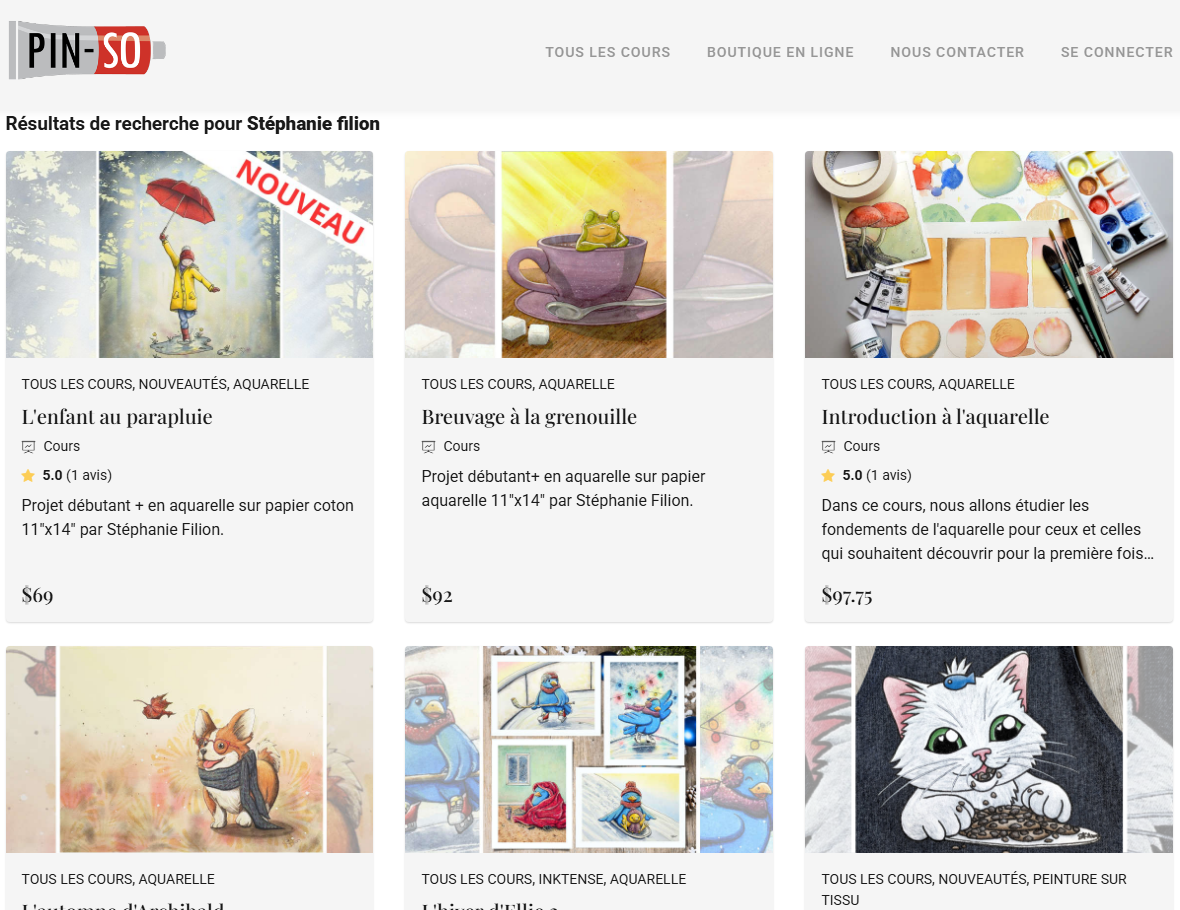 Page de résultats de recherche pour des cours de aquarelle et peinture, avec images de différents projets de peinture.