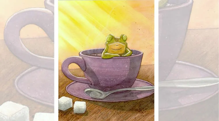 Une illustration d'une tasse violette avec une cuillère, contenant une grenouille souriante qui ressemble à un thé ou un café, avec un fond coloré et de la lumière. Il y a aussi des morceaux de sucre à côté.