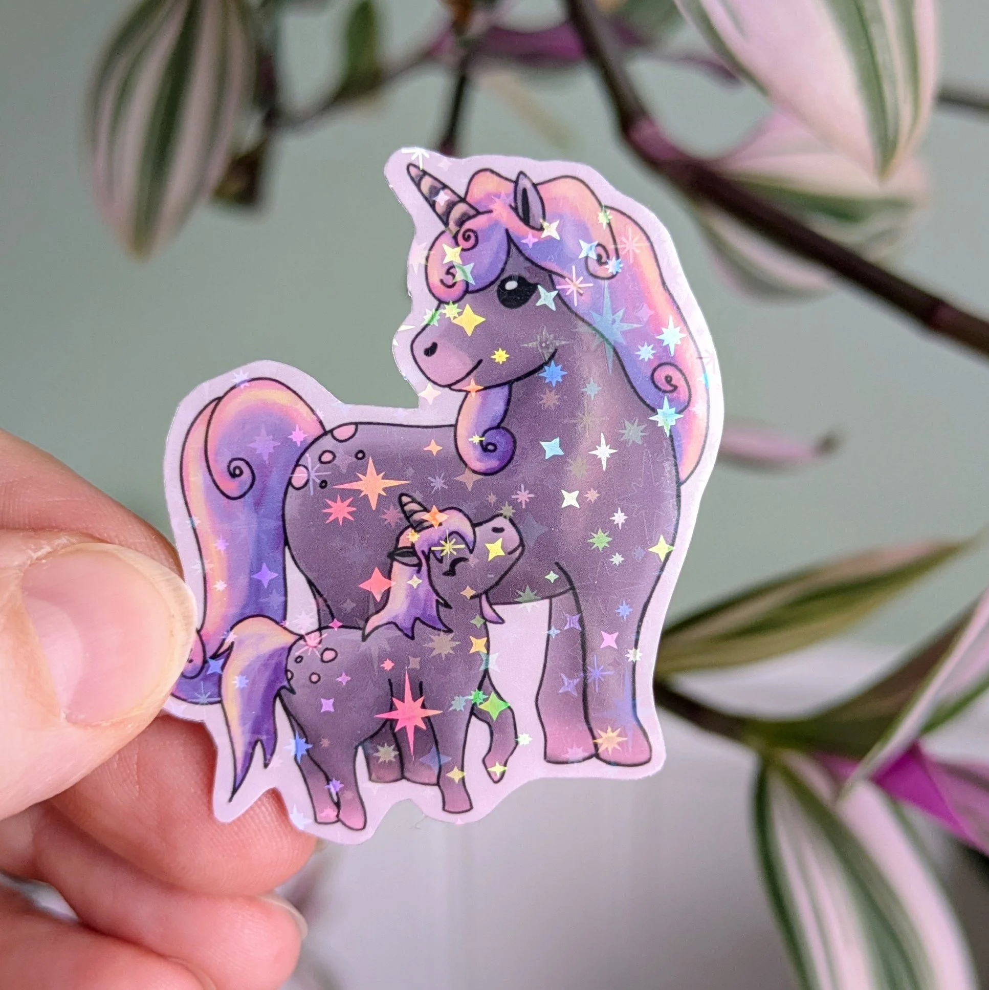 sticker 2" licorne holographique brillant maman et bébé unicorn