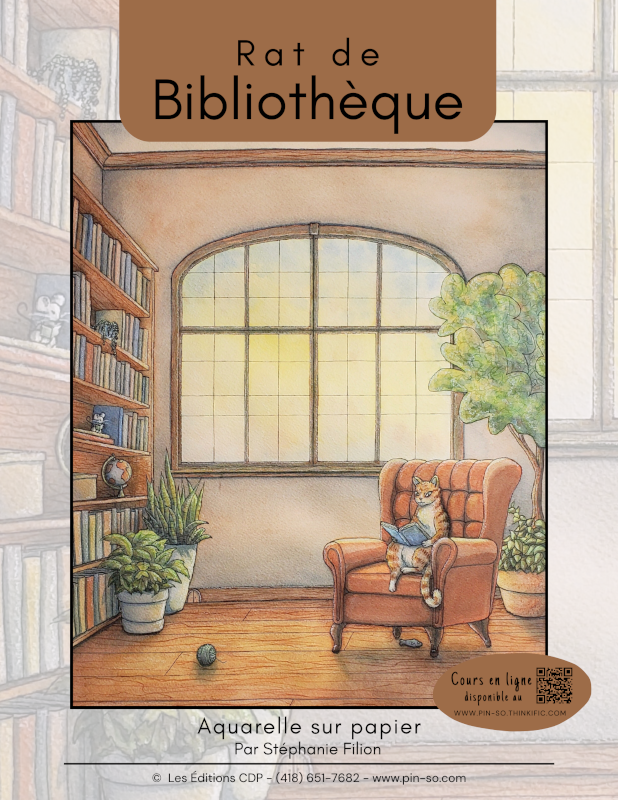 Une illustration d'un coin lecture dans une bibliothèque avec un chat assis dans un fauteuil orange, lisant un livre, des plantes autour, une grande fenêtre lumineuse et une étagère remplie de livres.