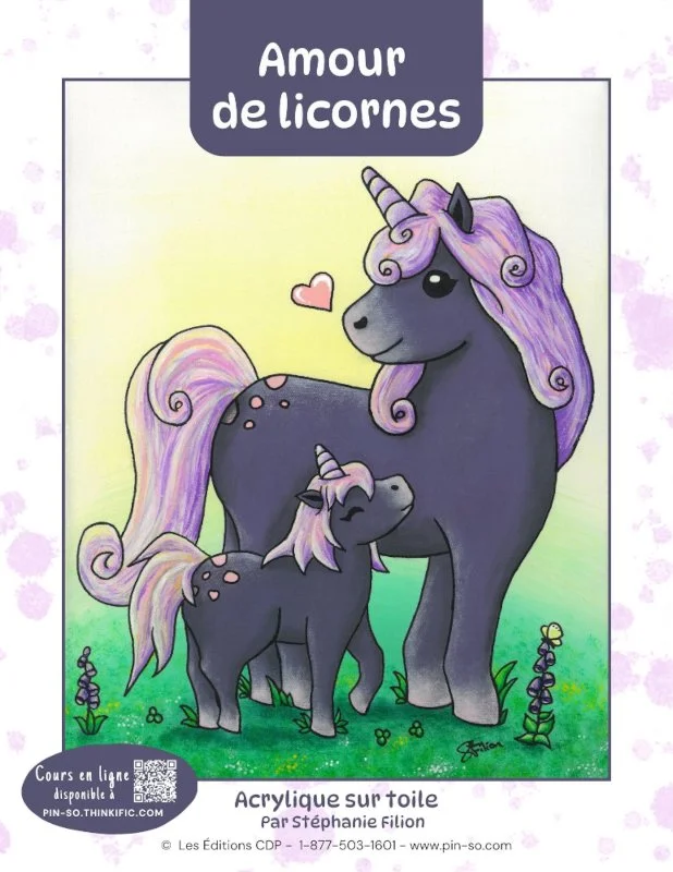 Une illustration de deux licornes, une grande et une petite, avec des cornes torsadées et des crins et queue lilas, dans un paysage herbeux avec des fleurs et un fond pastel. Titre : Amour de licornes.