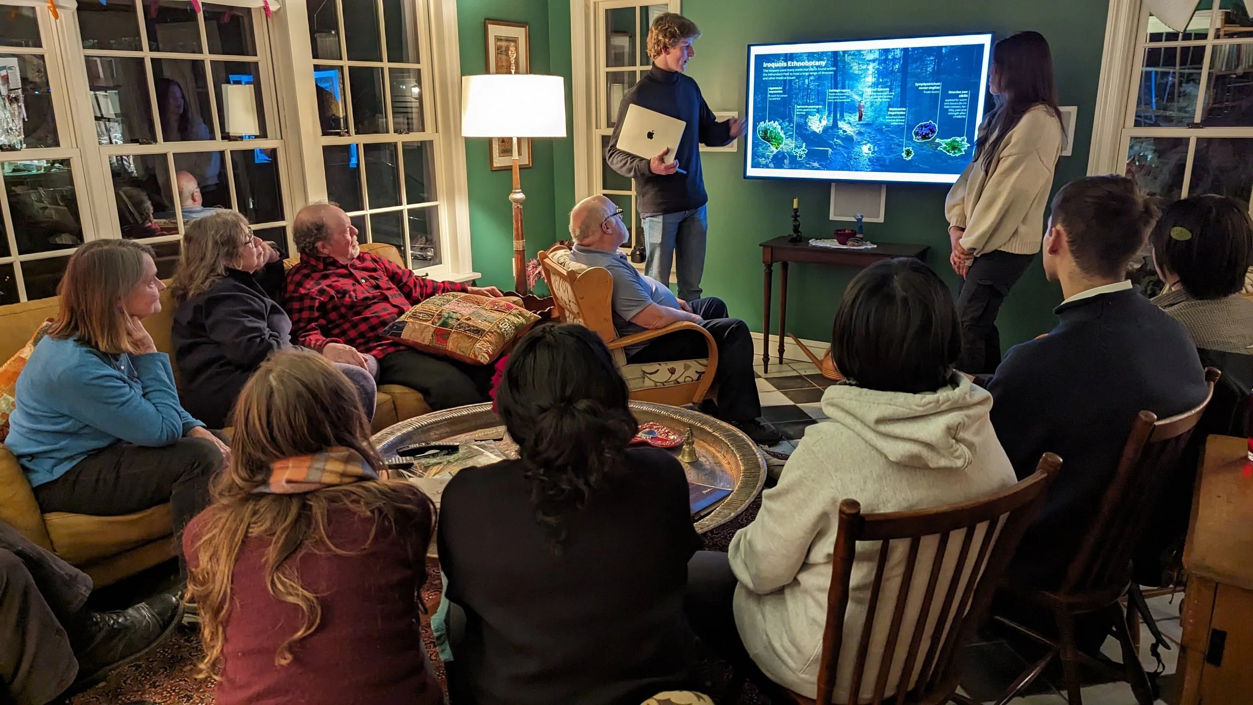 Person presenting on screen to group of people in living area
