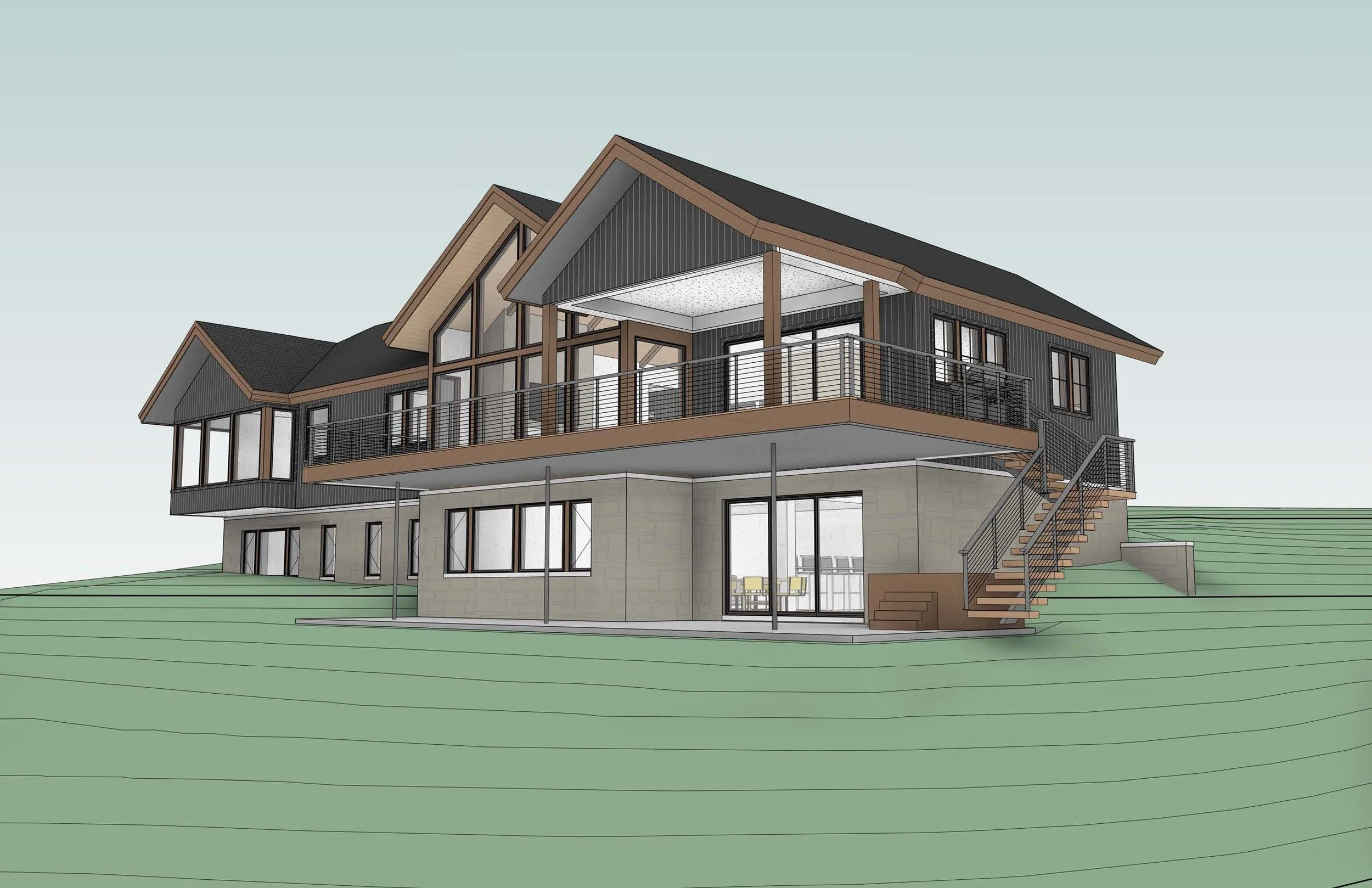 Rear perspective rendering of the Baumann Residence in Boyne City, Michigan, designed by KJF Studio. The image captures the angled view of the walk-out lower level and elevated deck with cable railing, exterior stair connection, and modern gabled roo