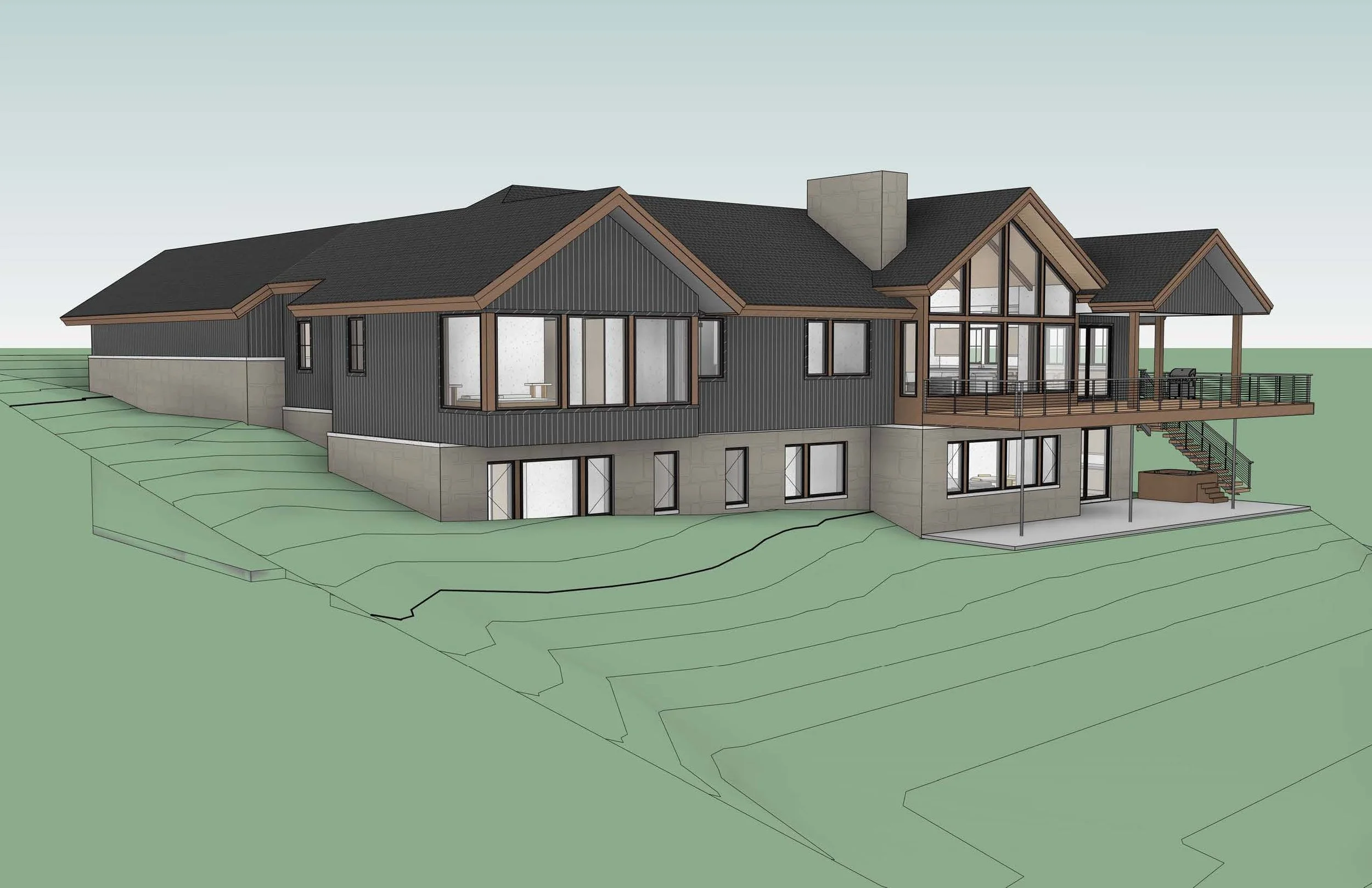 Rear exterior rendering of the Baumann Residence in Boyne City, Michigan, designed by KJF Studio. The image highlights the walk-out lower level, expansive deck with cable railing, and full-height windows that open the great room to the wooded hillsid