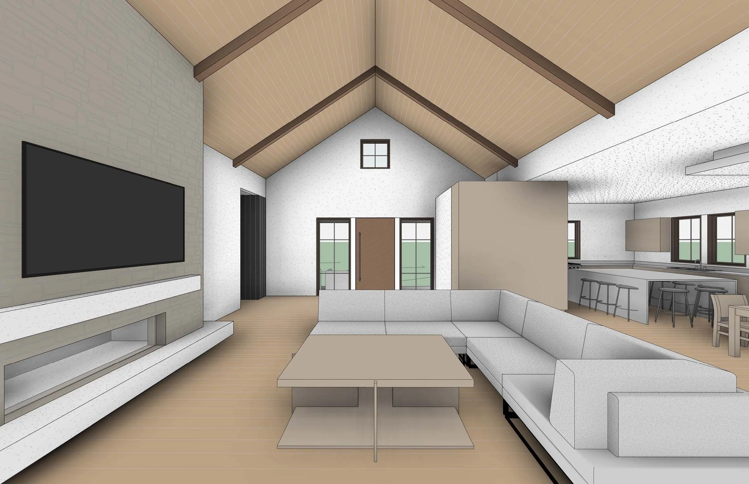 Interior rendering of the Baumann Residence living room in Boyne City, Michigan, designed by KJF Studio. The view highlights the vaulted ceiling with exposed beams, stone fireplace with integrated TV, and an open floor plan connecting the living, kit