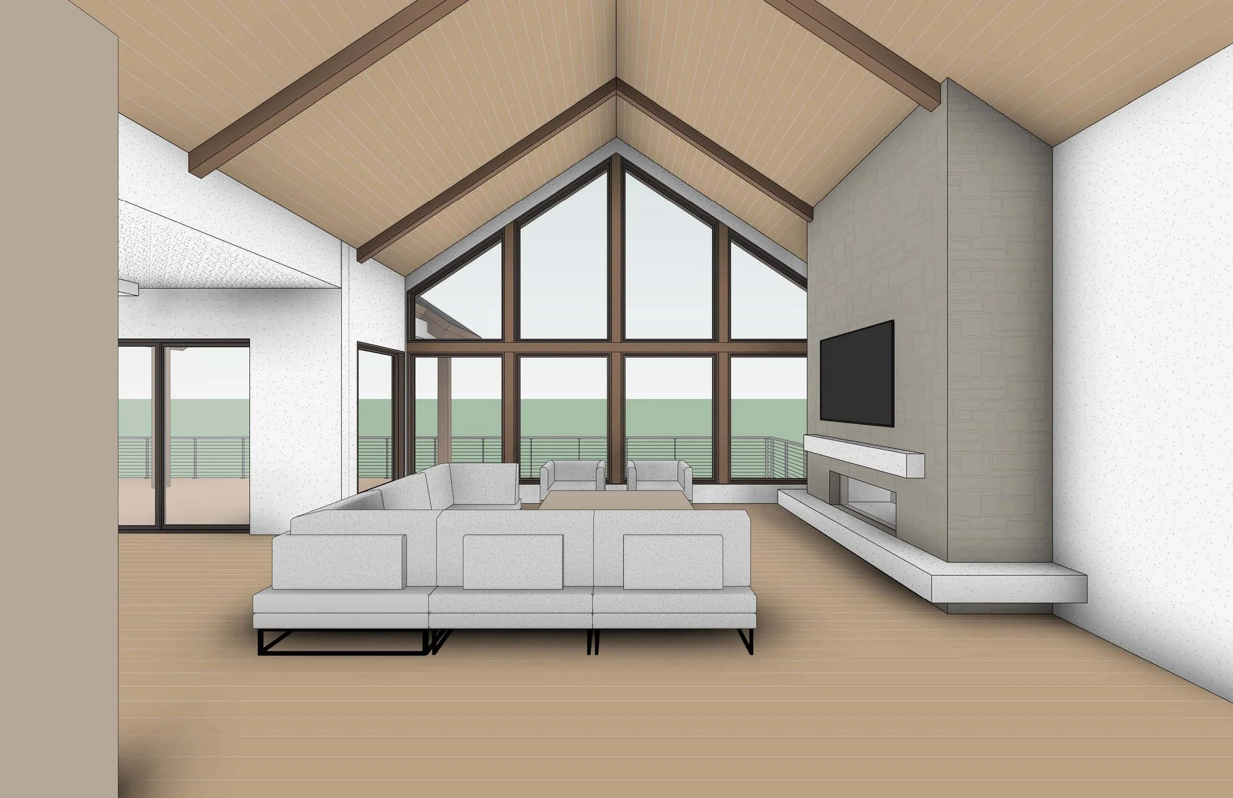 Interior rendering of the Baumann Residence great room in Boyne City, Michigan, designed by KJF Studio. The space features a vaulted ceiling with exposed beams, large picture windows overlooking the landscape, a stone fireplace, and modern furnishing