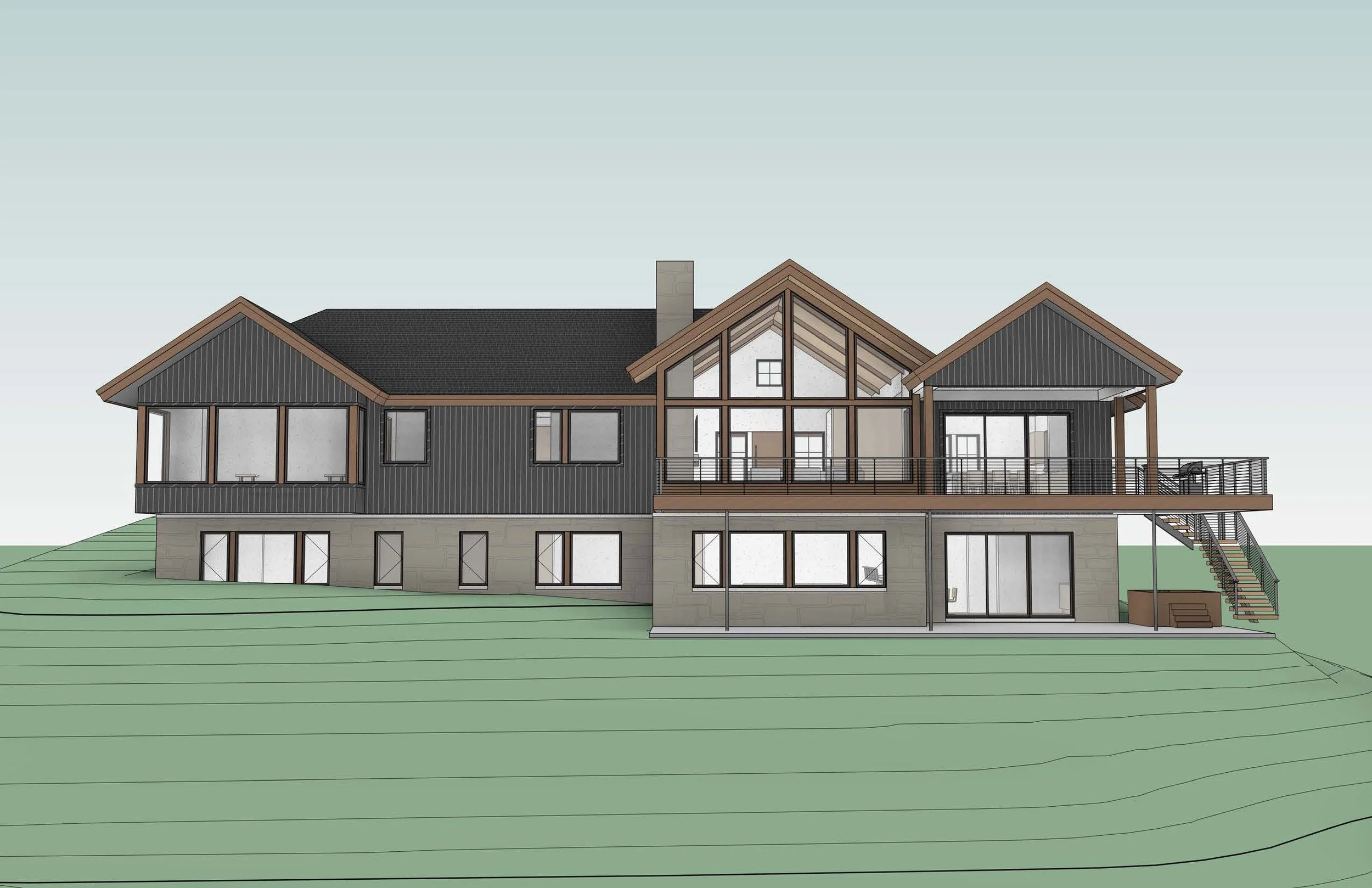 Rear elevation rendering of the Baumann Residence in Boyne City, Michigan, designed by KJF Studio. The image showcases the symmetry of the gabled rooflines, floor-to-ceiling windows, and elevated deck overlooking the sloped site, emphasizing the home