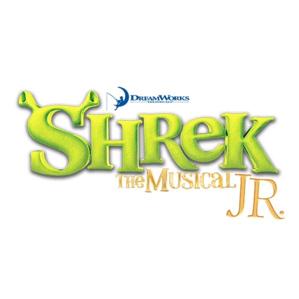 Logo for 'Shrek The Musical Jr.' featuring the title in bright green and orange letters, with a blue DreamWorks logo above.