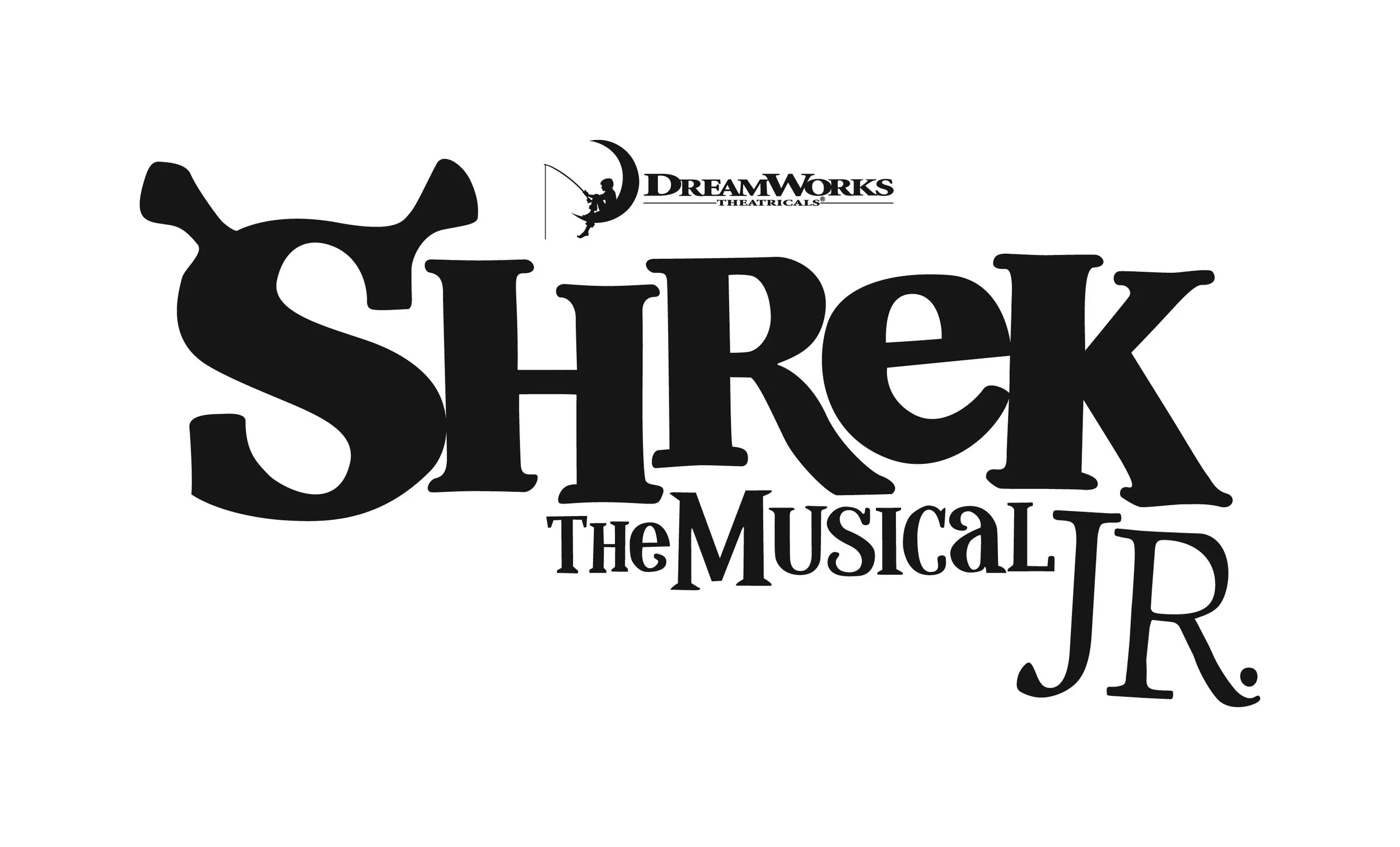 Logo for 'Shrek The Musical Jr.' featuring the character's ears forming the letter 'S' and a small image of a person fishing from a moon with a cloud, along with the DreamWorks logo.