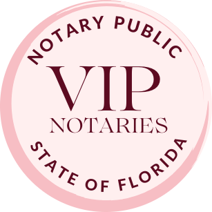 Close-up of a circular badge for VIP Notaries in Florida with pink background and maroon text