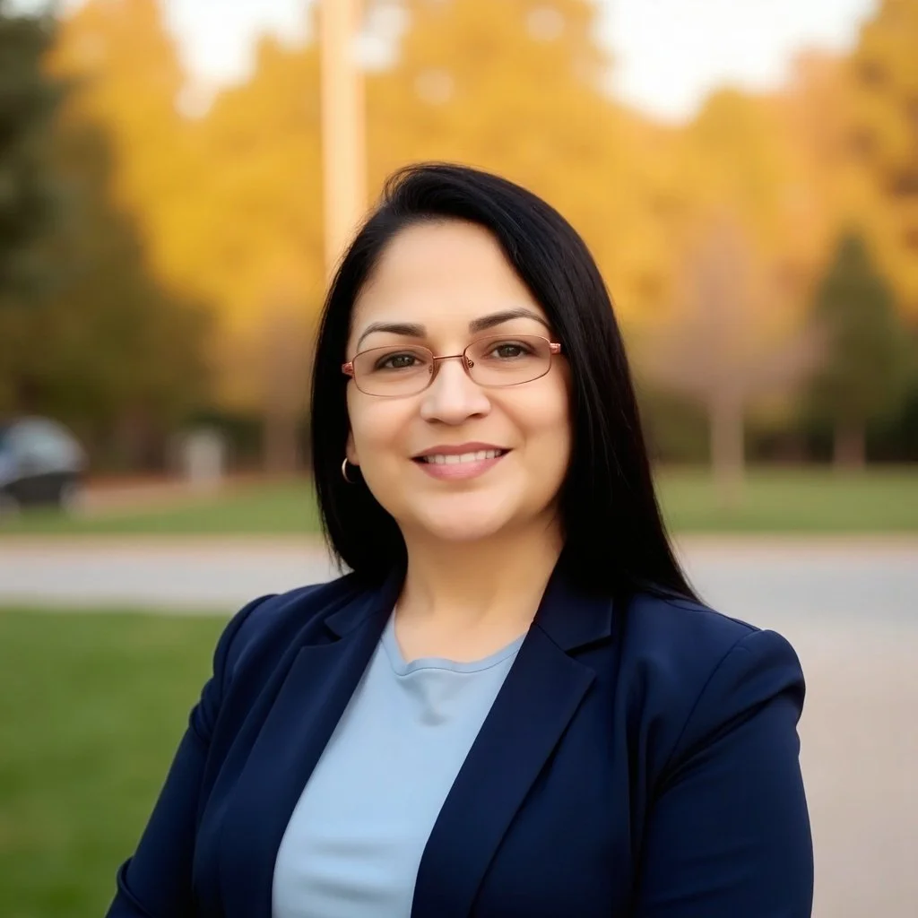 A woman with black hair, glasses, and earrings, smiling outdoors with trees and a walking path in the background.