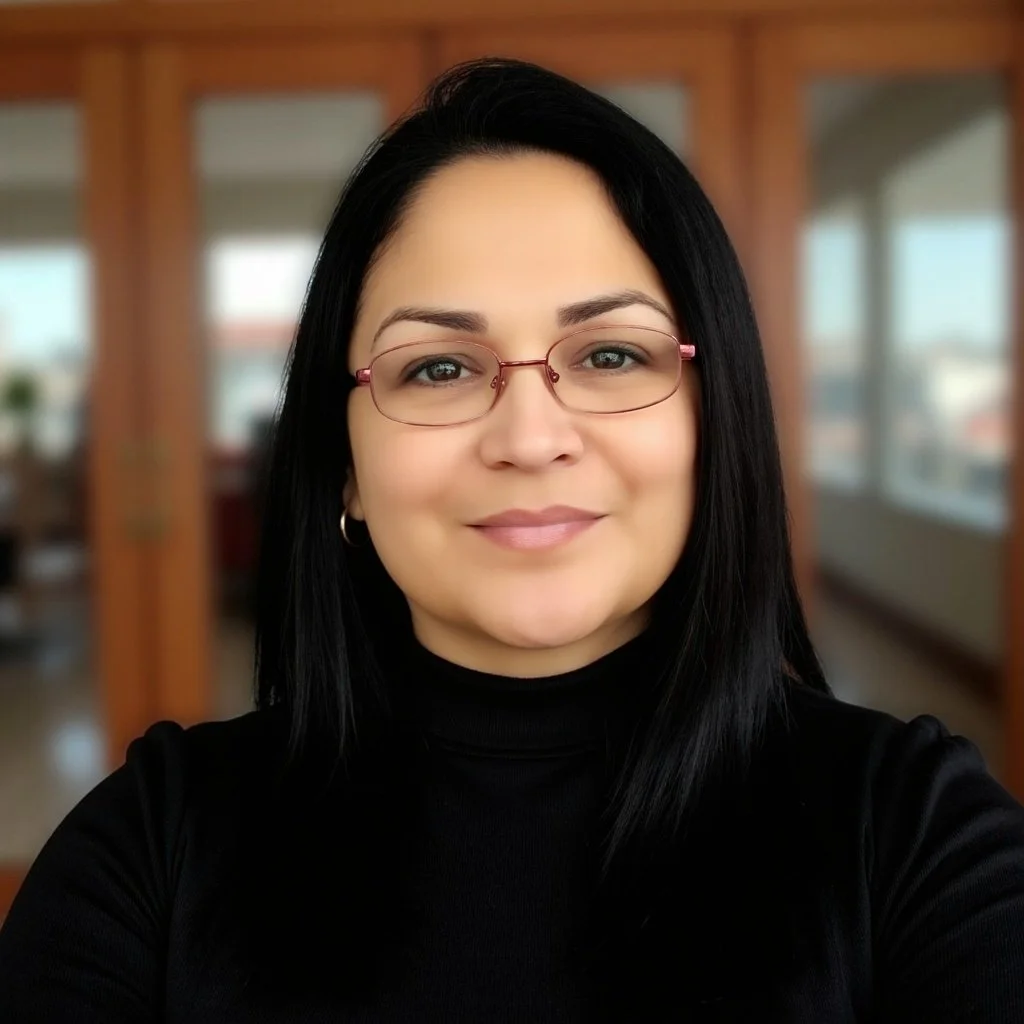 Portrait of a woman with black hair, glasses, and silver hoop earrings, smiling indoors with wooden accents and windows in the background.
